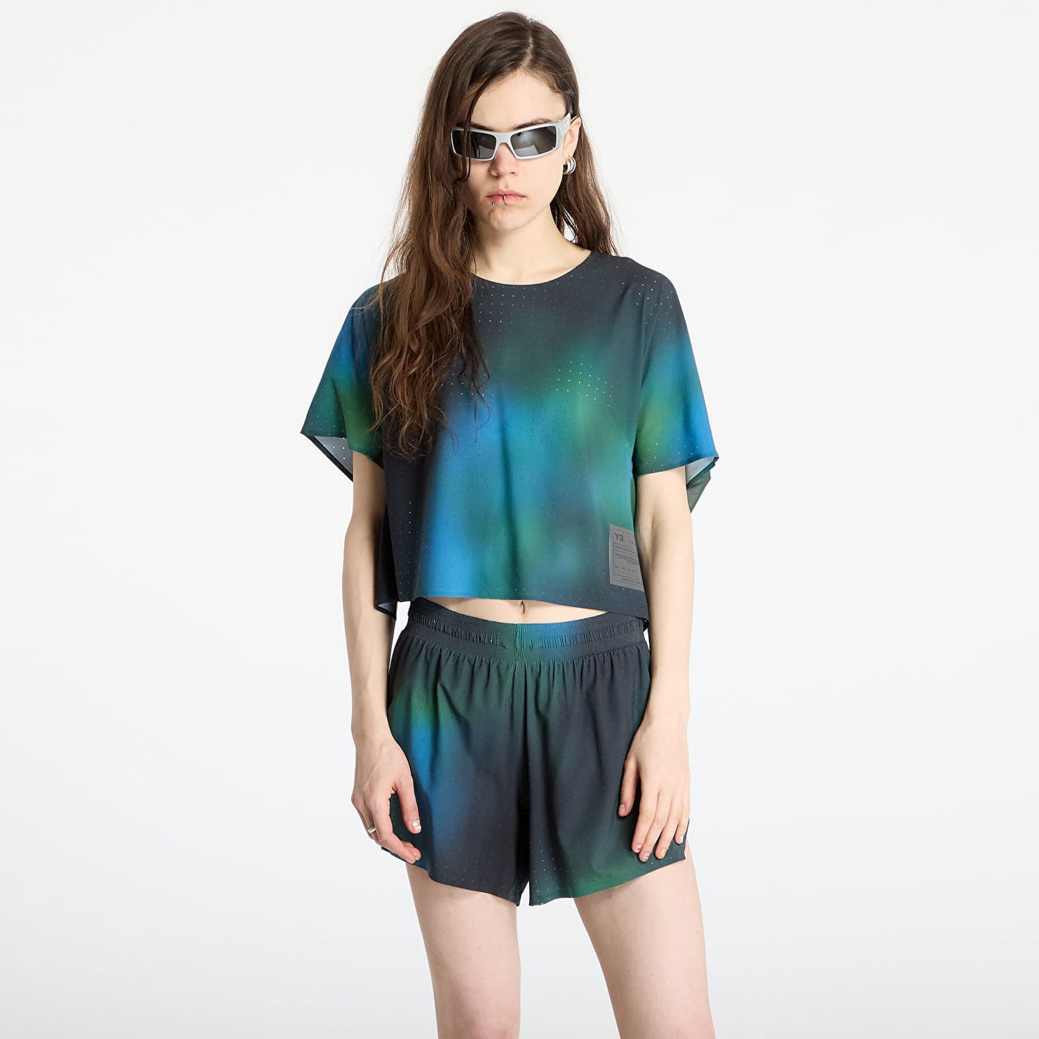 Krop-top Y-3 Y-3 Allover Print Running Short Sleeve T-Shirt Modra | JM3350, 0