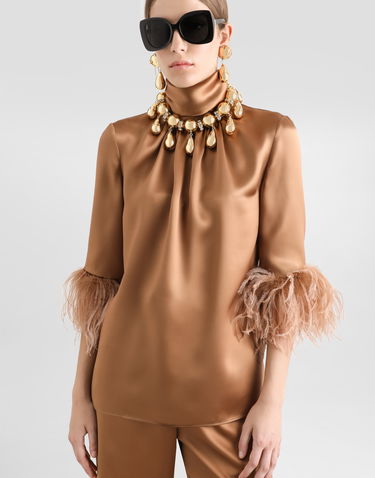 Srajce Dolce & Gabbana Double Satin Turtle-neck Top With Feathered Detailing Rjava | F7AL6TFU1NUM0180, 3