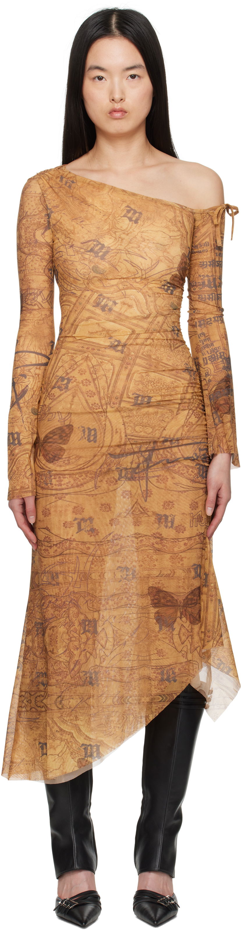 Obleke MISBHV MISBHV Goa Mesh Dropped Shoulder Midi Dress Rjava | 250W810