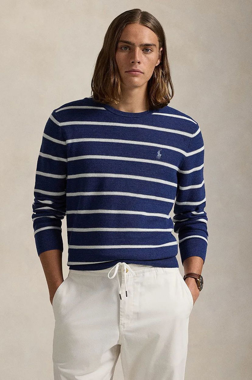 Pleteni pulover Polo by Ralph Lauren Striped Cotton Blend Sweater Modra | 710955764
