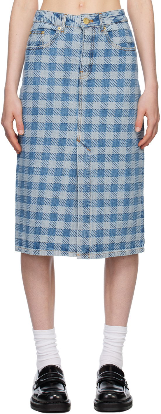 Krila AMI AMI Paris Gingham Denim Midi Skirt Modra | FSK211.DE0010