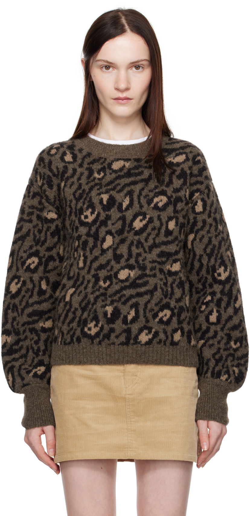 Pleteni pulover A.P.C. Leopard Print Crewneck Knit Sweater Zelena | WPAAO-F23337