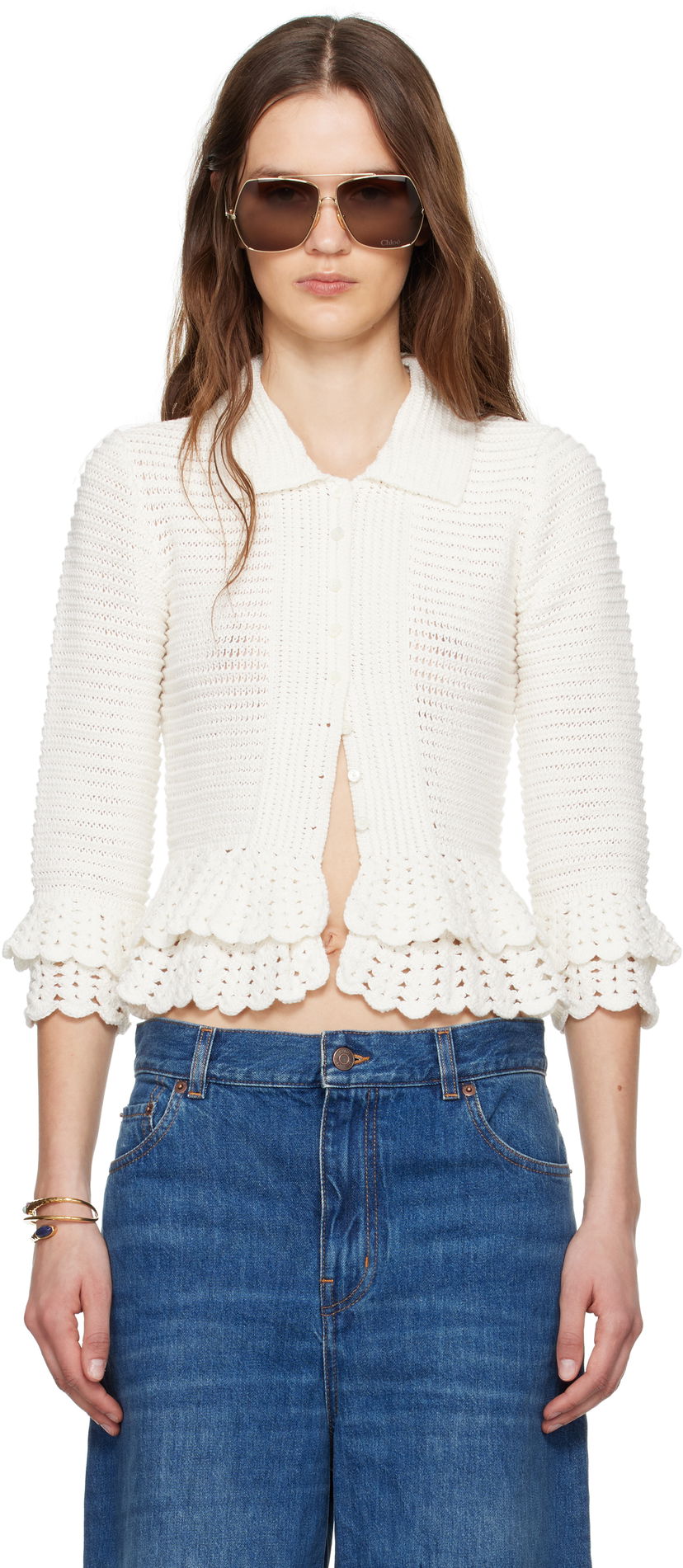 Pleteni pulover CHLOÉ Chloé Fitted Ruffled Cropped Cardigan Bela | CH25UMP05545