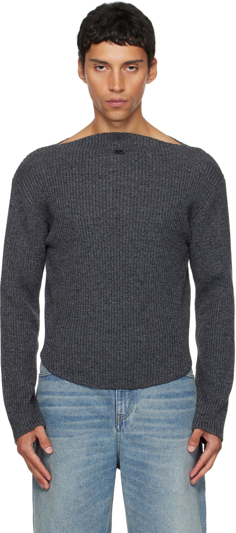 Pleteni pulover Courrèges Courrèges Boatneck Ribbed Wool Sweater Siva | 325MPU239FI0036