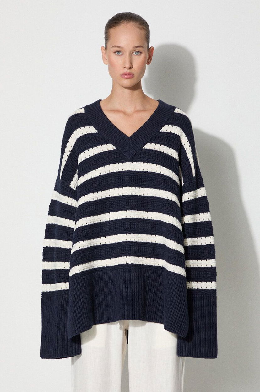 Pleteni pulover Samsoe Samsoe Samsoe Samsoe Striped V-Neck Sweater Mornarica | F23300195