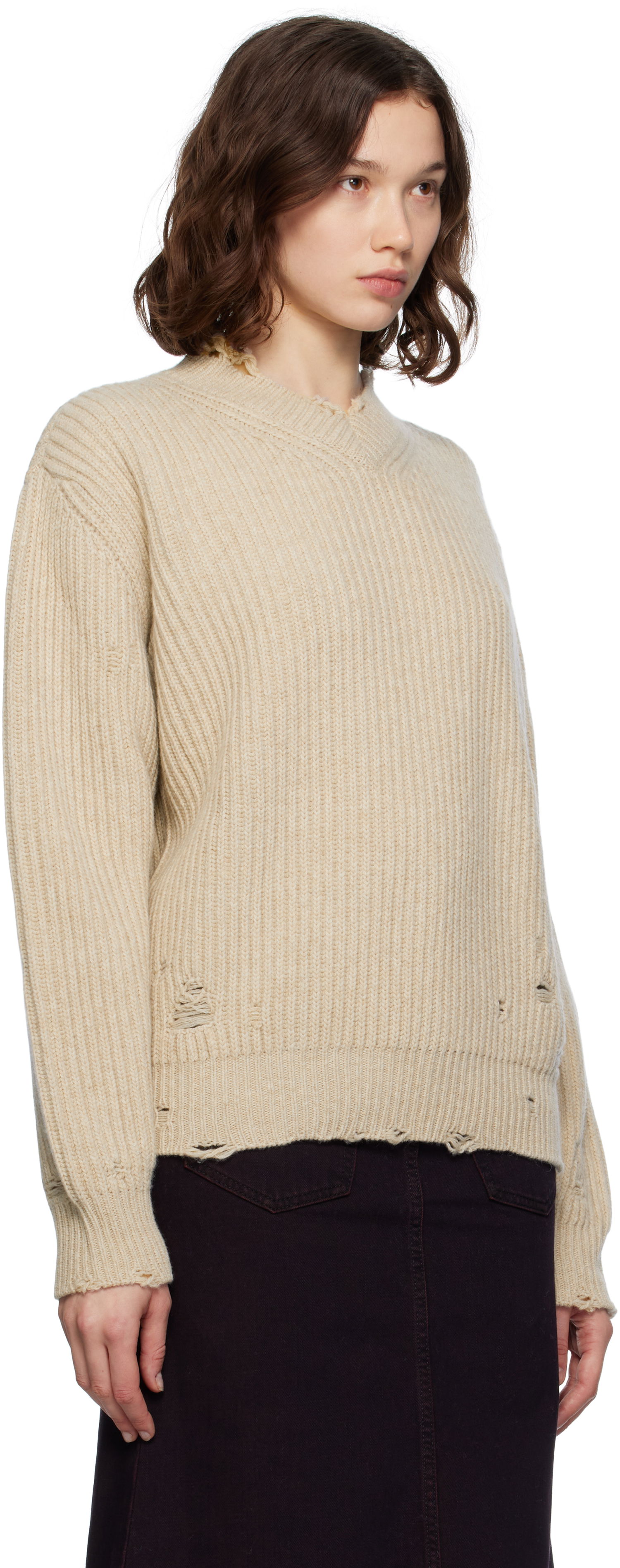Pleteni pulover Maison Margiela MM6 Maison Margiela Distressed Wool Sweater Bež | S52HN0011 M13138, 1