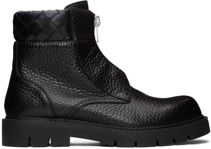 Superge in čevlji Bottega Veneta Haddock Textured Leather Front-Zip Woven Collar Ankle Boots Črna | 796449 V4EP0 1000