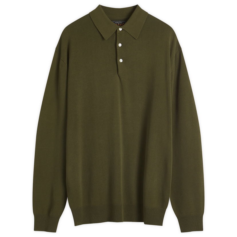 Pleteni pulover BEAMS Beams Plus 12g Knit Long Sleeve Polo Shirt, Size Large Zelena | 3812-0005-156-67