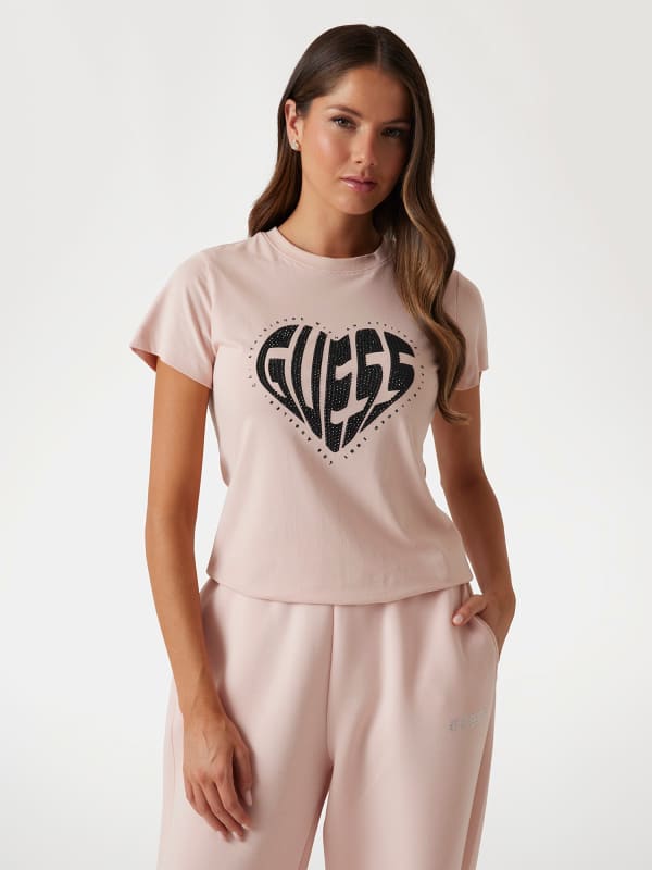 Majica GUESS Guess Logo Rhinestone Heart T-Shirt Roza | V5RI08J1314
