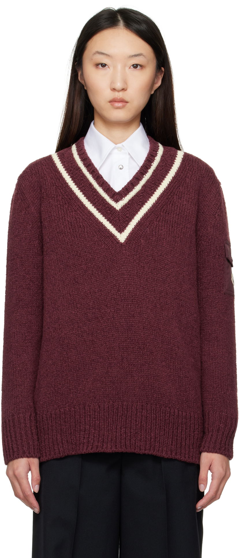 Pleteni pulover Moncler Moncler Padded V-Neck Sweater Bordo | K20939D00001M5493