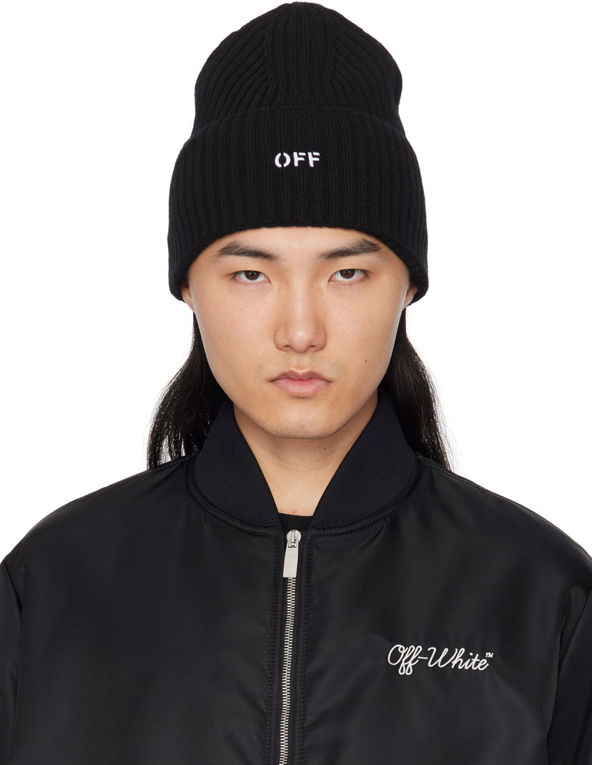 Beanie Off-White Loose Knit Stamp Beanie Črna | OMLC030C99KNI0021001