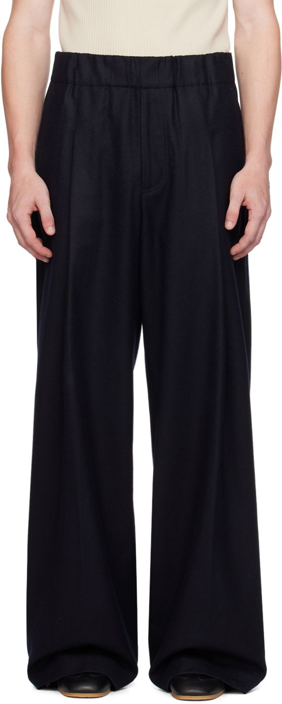 Hlače Dries Van Noten Navy Wide Wool Trousers Črna | 242-020938-9211