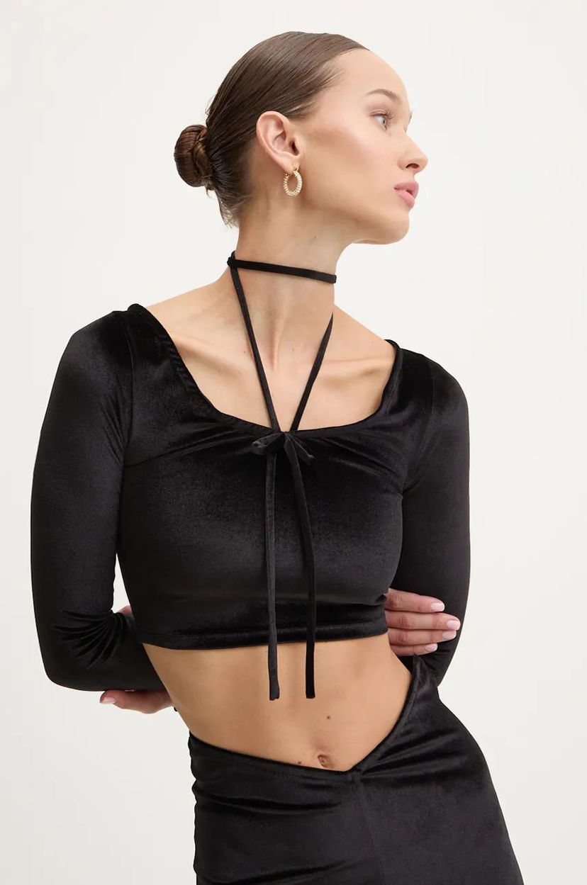 Krop-top Fiorucci Long Sleeve Velvet Crop Top Črna | W01FMTLO115VR01BK01