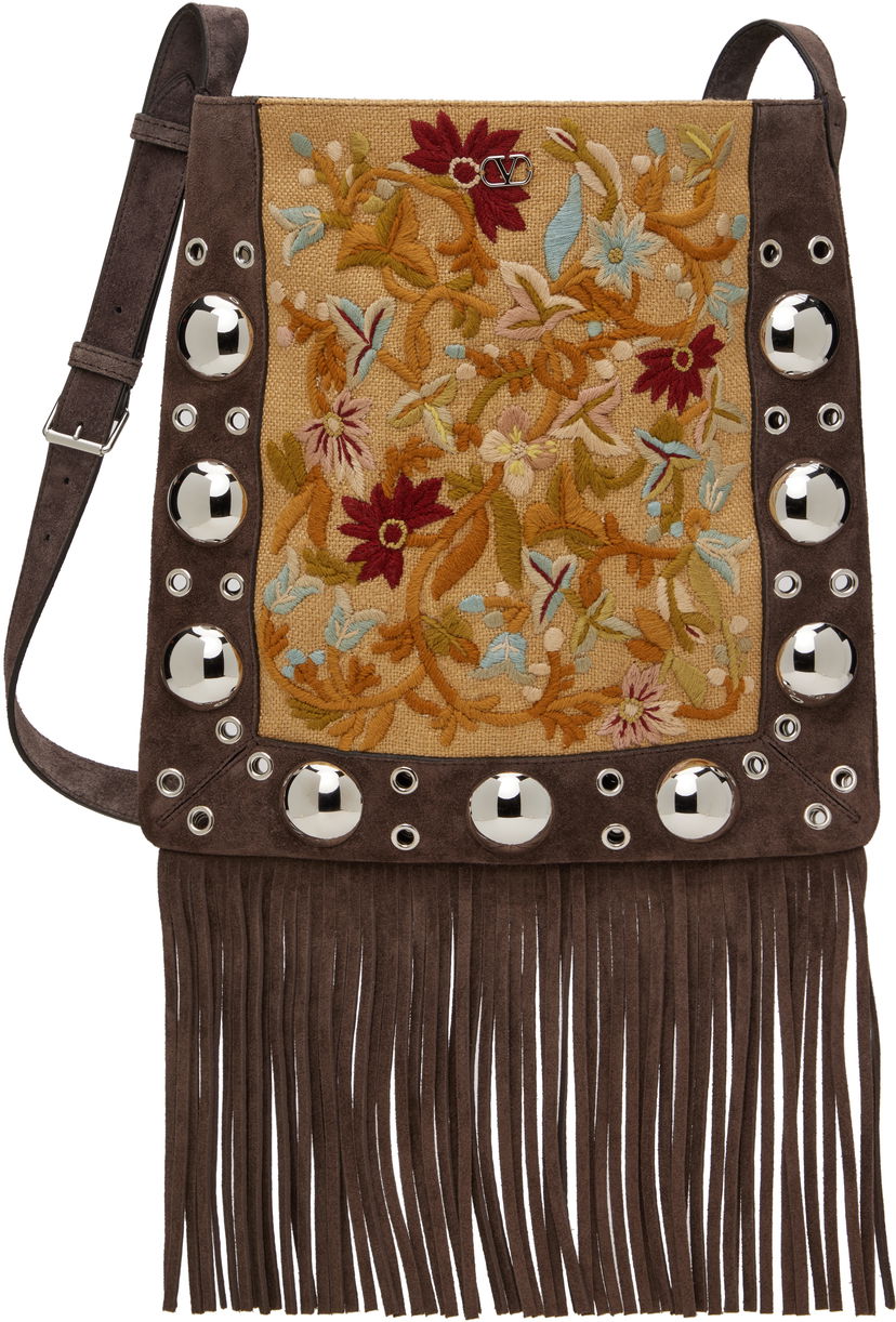 Torba za čez ramo Valentino Valentino Garavani Nellcôte Fringe Embroidered Shoulder Bag Rjava | 6W2B0R33GRT