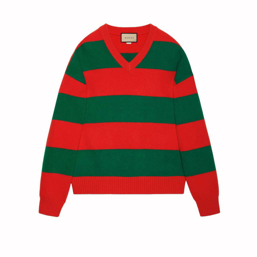 Pleteni pulover Gucci Felted Wool Striped Sweater Red/Green Zelena | 763344 XKDNH 6565