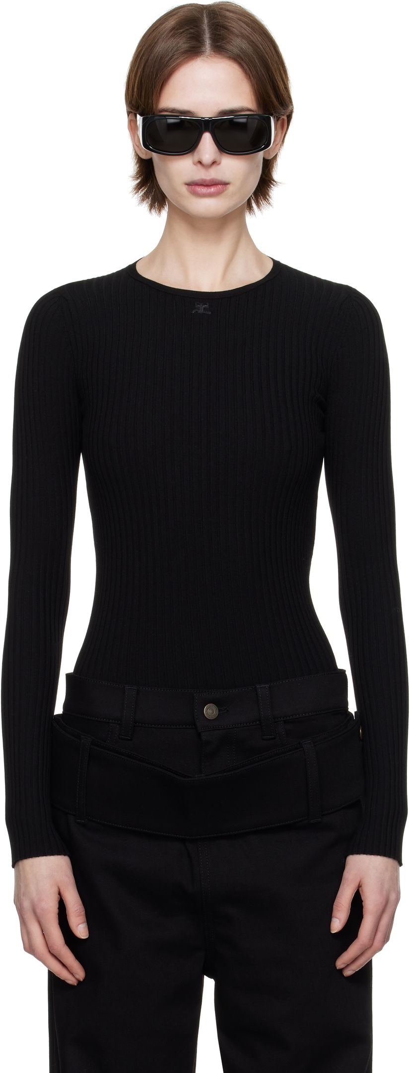 Pleteni pulover Courrèges Courrèges Knitted Ribbed Sweater Črna | 125MPU105FI0001