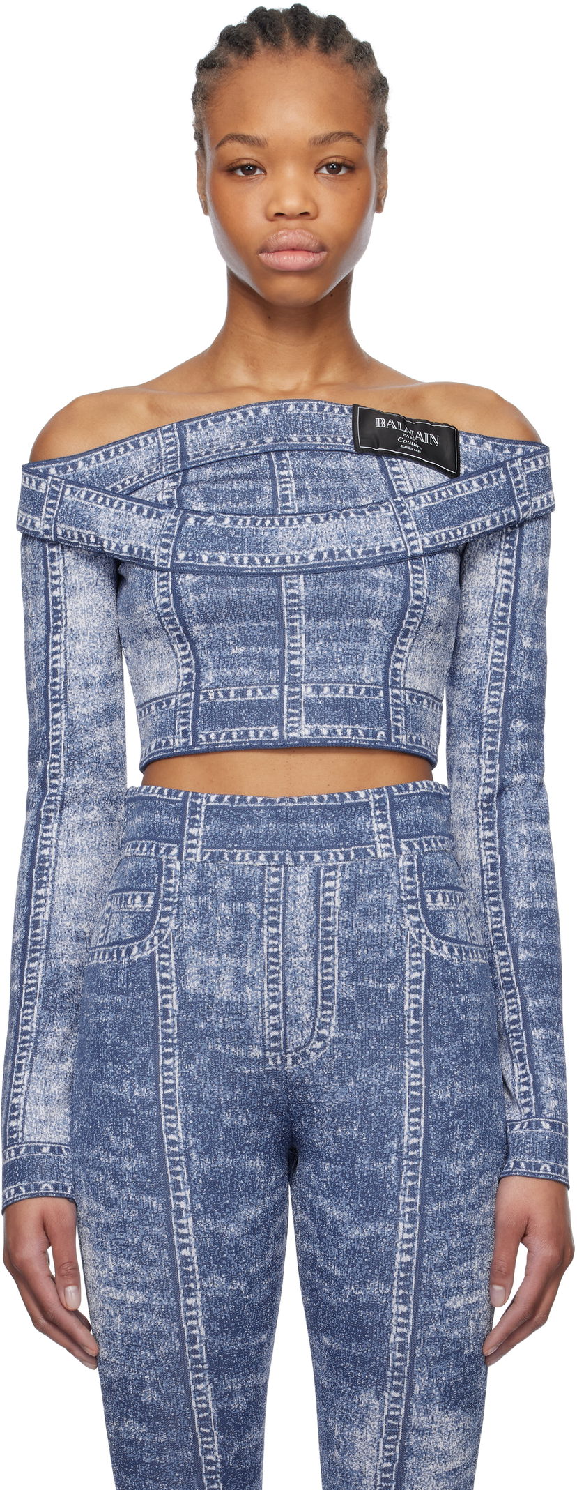 Trenirka Balmain Balmain Denim Off-Shoulder Top Modra | EF1AO385KH80