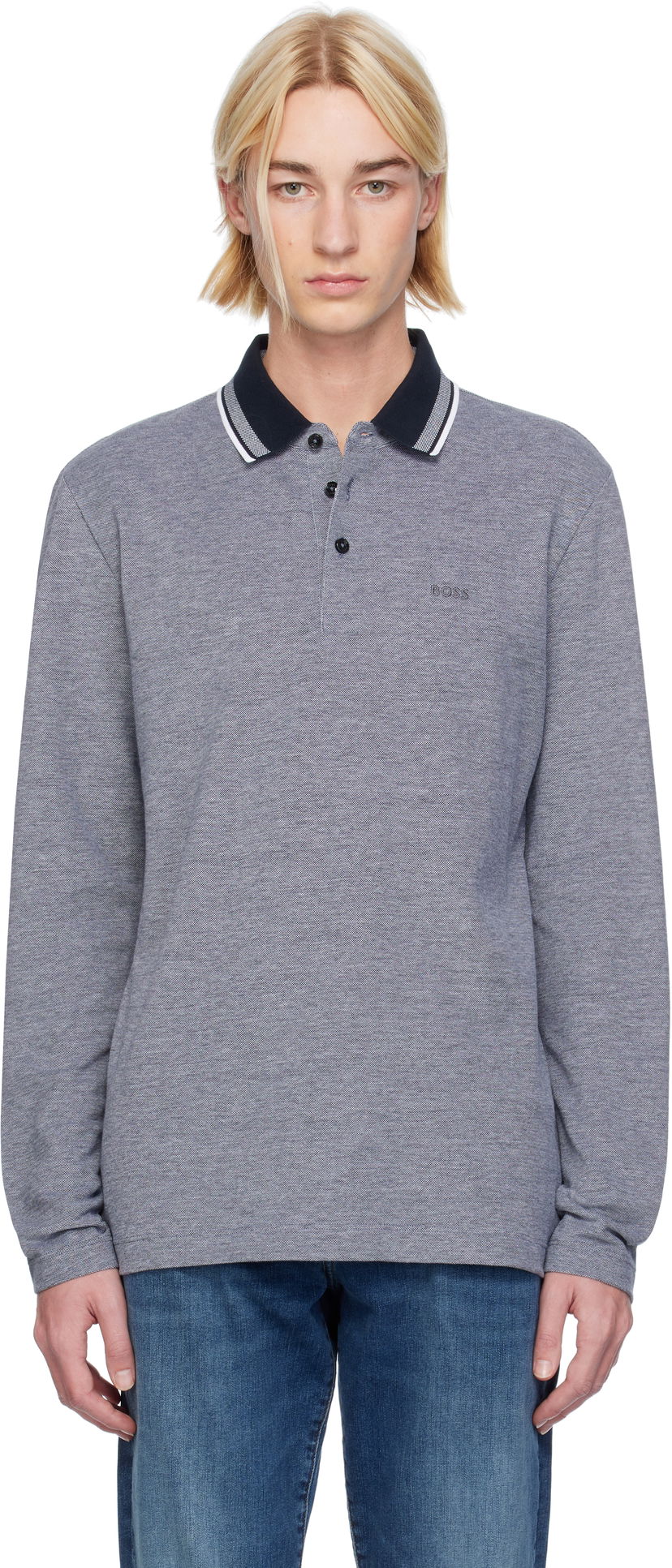 Polo majica BOSS Spread Collar Long Sleeve Polo Modra | 50531352