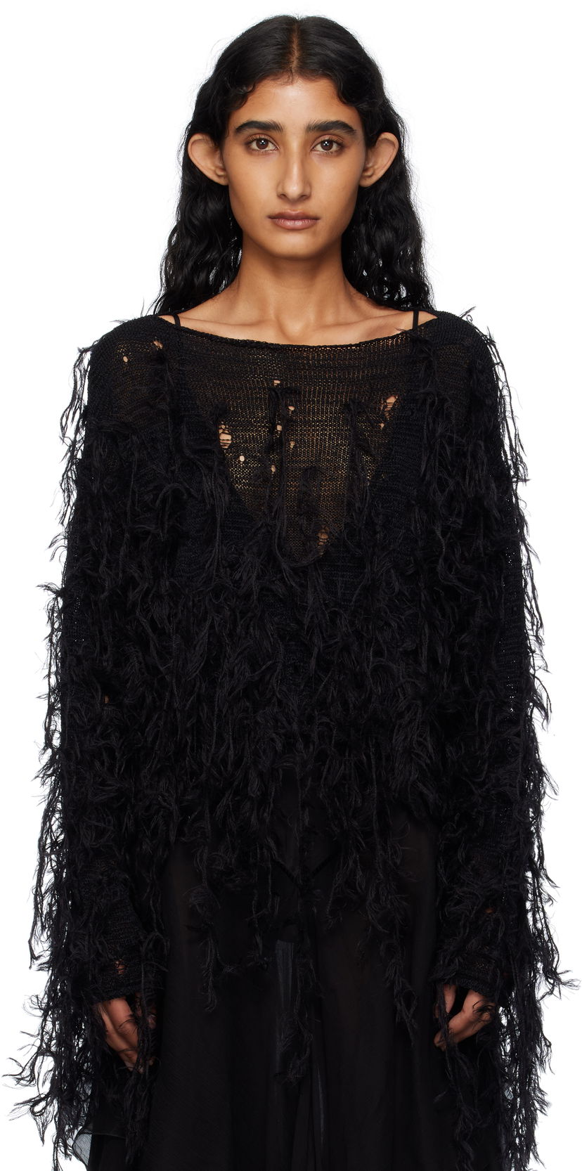 Pleteni pulover Ann Demeulemeester Ann Demeulemeester Vilta Distressed Knit Sweater Črna | B0012850-KN064-099