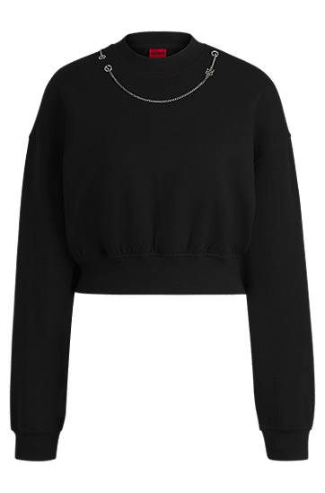 Pleteni pulover BOSS Cropped Sweatshirt with Detachable Chain Črna | 50530446
