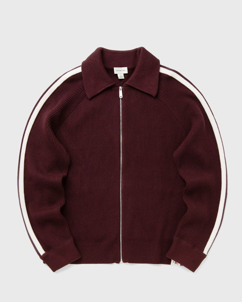 Pleteni pulover CALVIN KLEIN Long Sleeve Ribbed Knit Collared Full-Zip Racing Stripe Sweater 9GG Bordo | LV04RD301GGR9