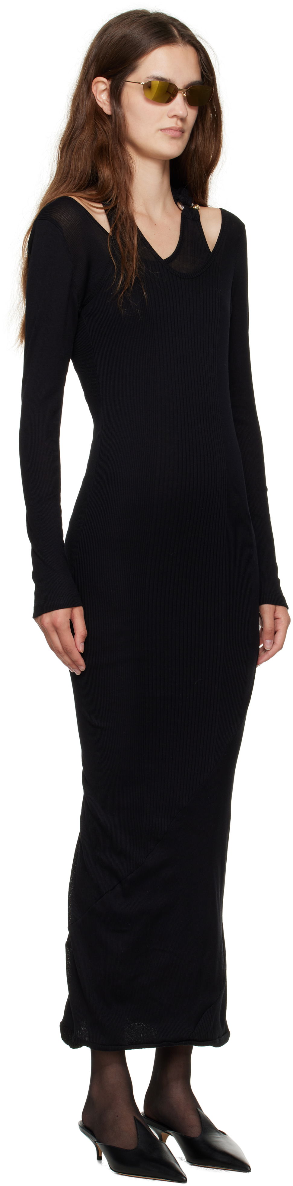 Obleke Jean Paul Gaultier Jean Paul Gaultier Ribbed Twisted Double Layer Piercing Midi Dress Črna | 25/03-W-DR014-J000-00, 1