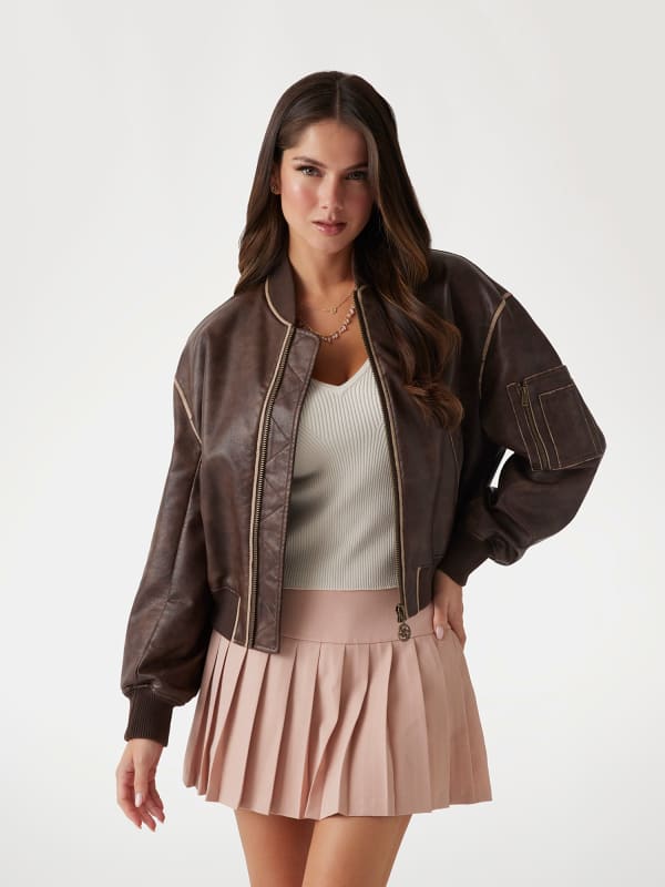 Bomber jakna GUESS Faux Leather Bomber Jacket Rjava | W5RL21WGW40