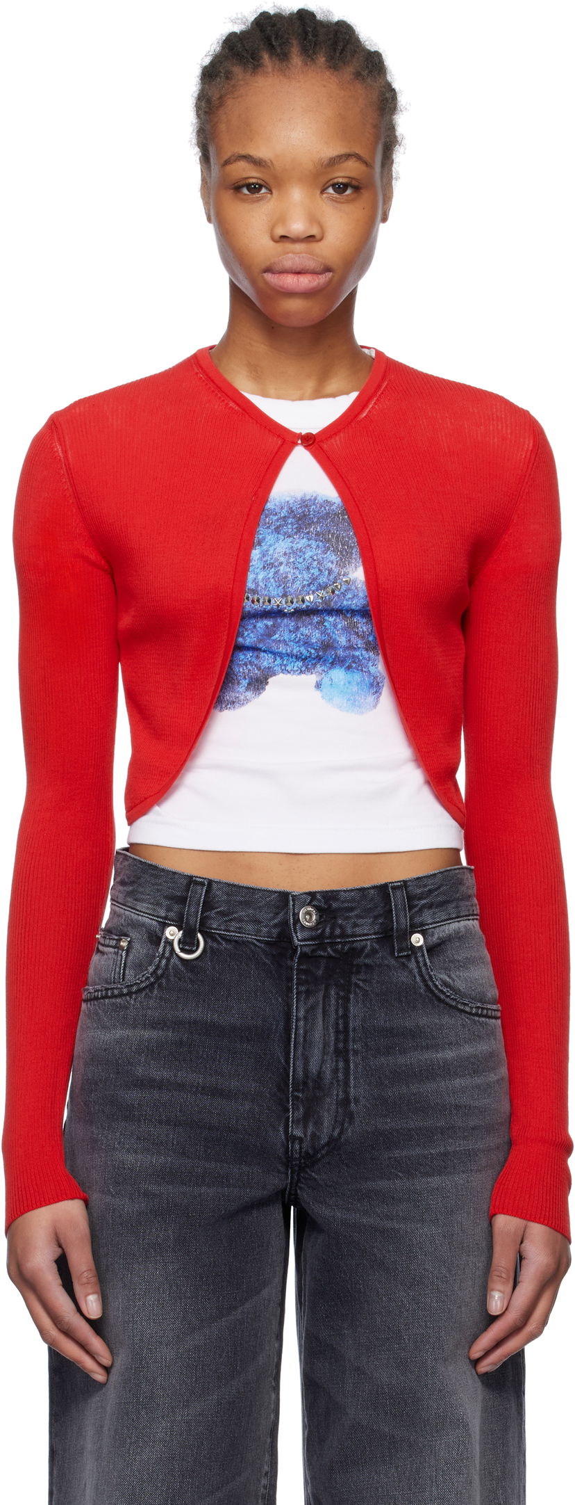 Pleteni pulover We11done We11done Ribbed Tight Knit Cardigan Rdeča | WD-KC0-25-614-W-RD