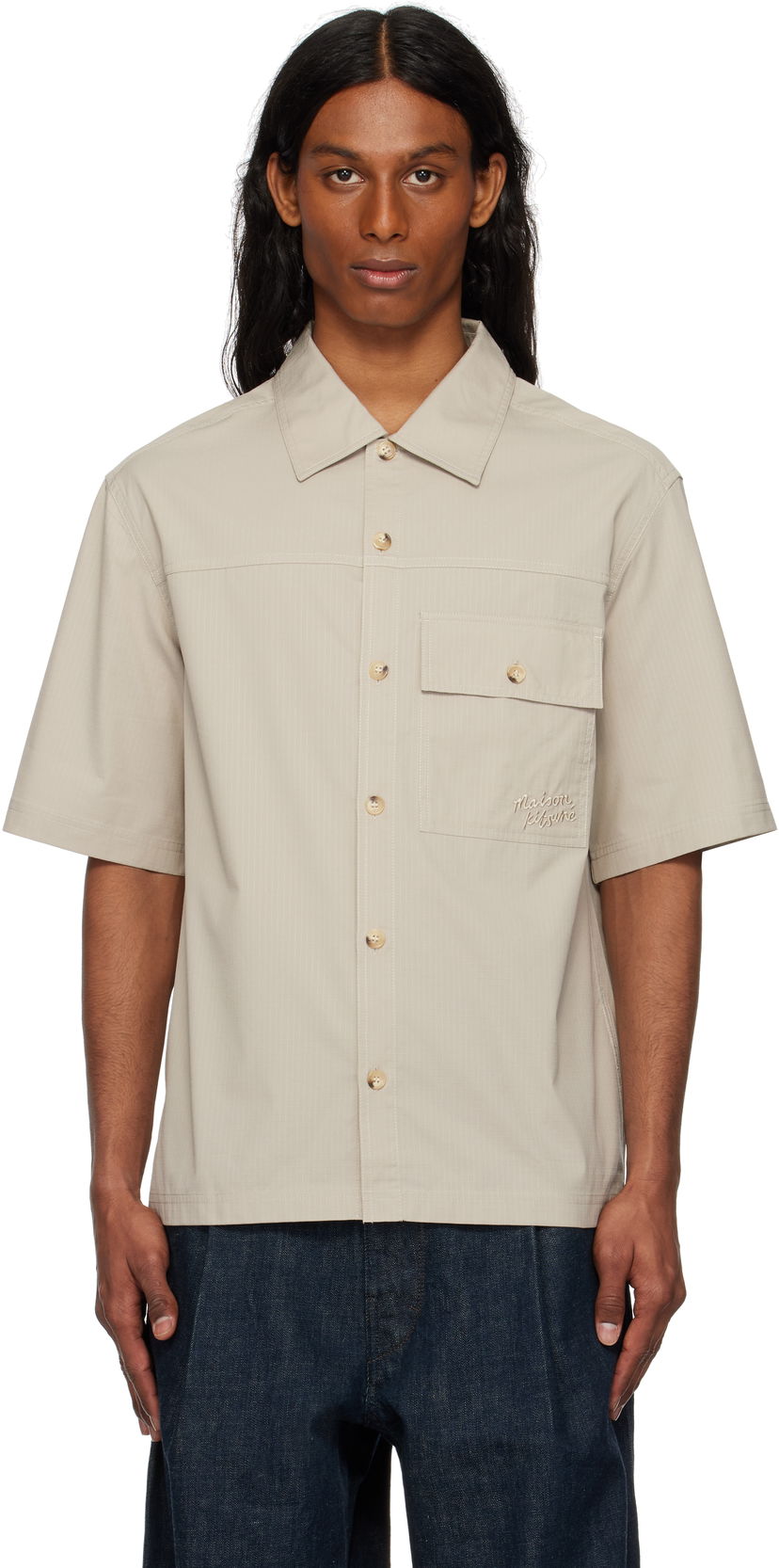 Srajce MAISON KITSUNÉ Maison Kitsuné Short Sleeve Overshirt Bež | OM00429WW9020