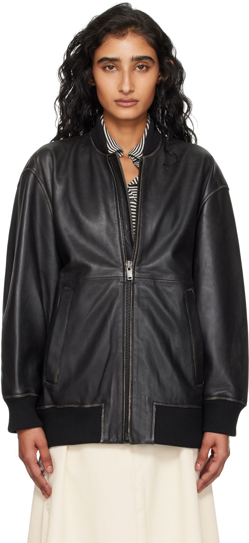 Bomber jakna Max Mara Weekend Max Mara Tattico Leather Jacket Črna | 2525446031600