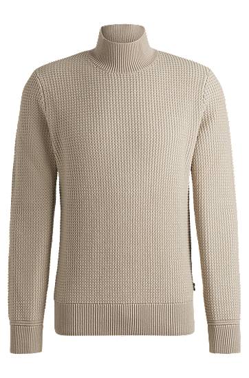 Pleteni pulover BOSS Mock-Neck Cotton-Blend Sweater Bež | 50526833