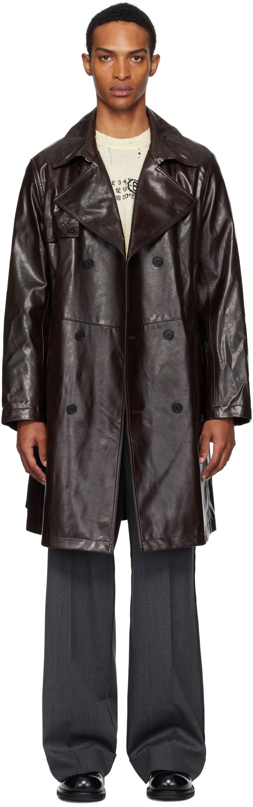 Trenčkot Maison Margiela MM6 Maison Margiela Double-Breasted Faux-Leather Jacket Rjava | SH0AH0006 M35465