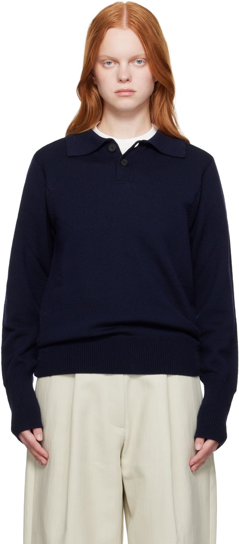 Pleteni pulover Studio Nicholson Studio Nicholson Sark Polo Sweater Mornarica | SARK SN - 1503