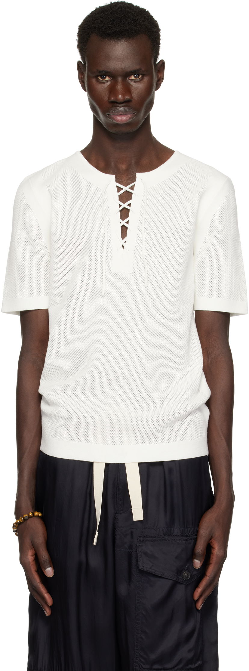 Majica Dries Van Noten Dries Van Noten Knit Lace-Up T-Shirt Bela | 251-021201-1701