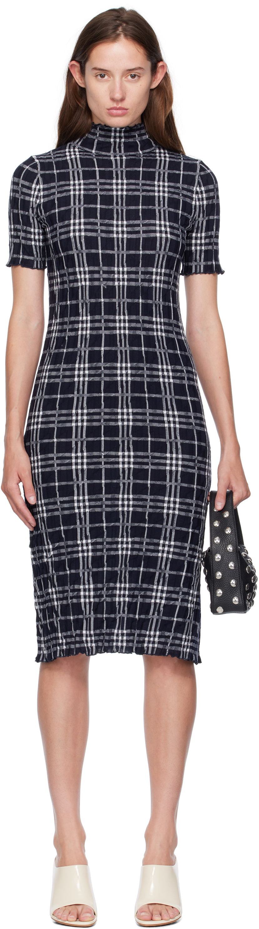 Obleke Burberry Burberry Check Wool Blend Midi Dress Mornarica | 8111428