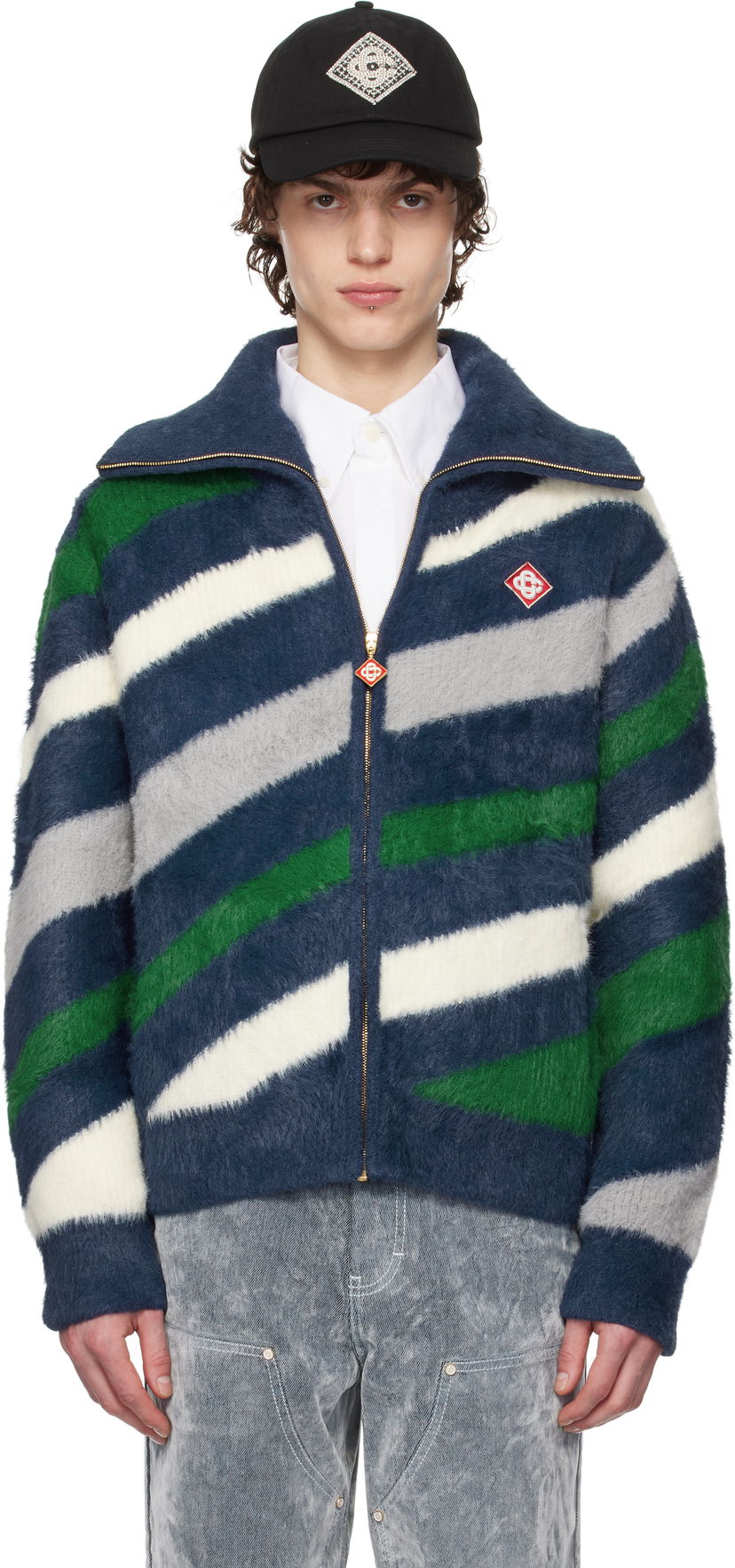 Pleteni pulover Casablanca Casablanca Striped Fluffy Zip-Up Jacket Modra | MPS25-KW-830-01
