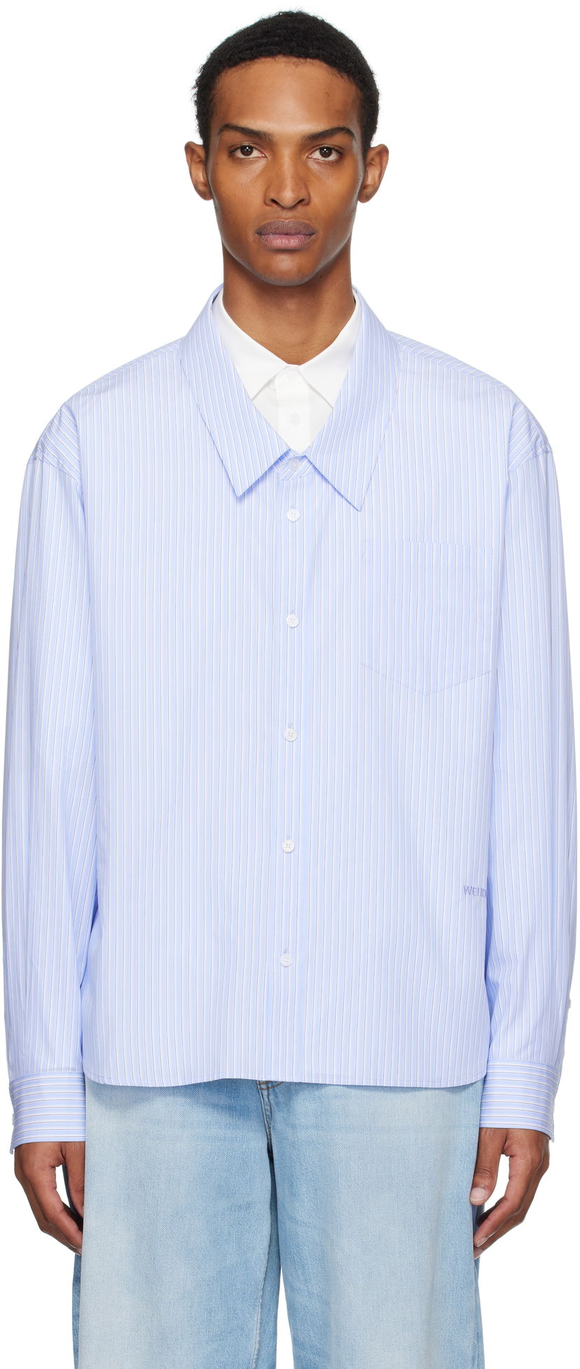 Srajce We11done We11done Striped Layered Shirt Modra | WD-SH2-25-182-M-BL