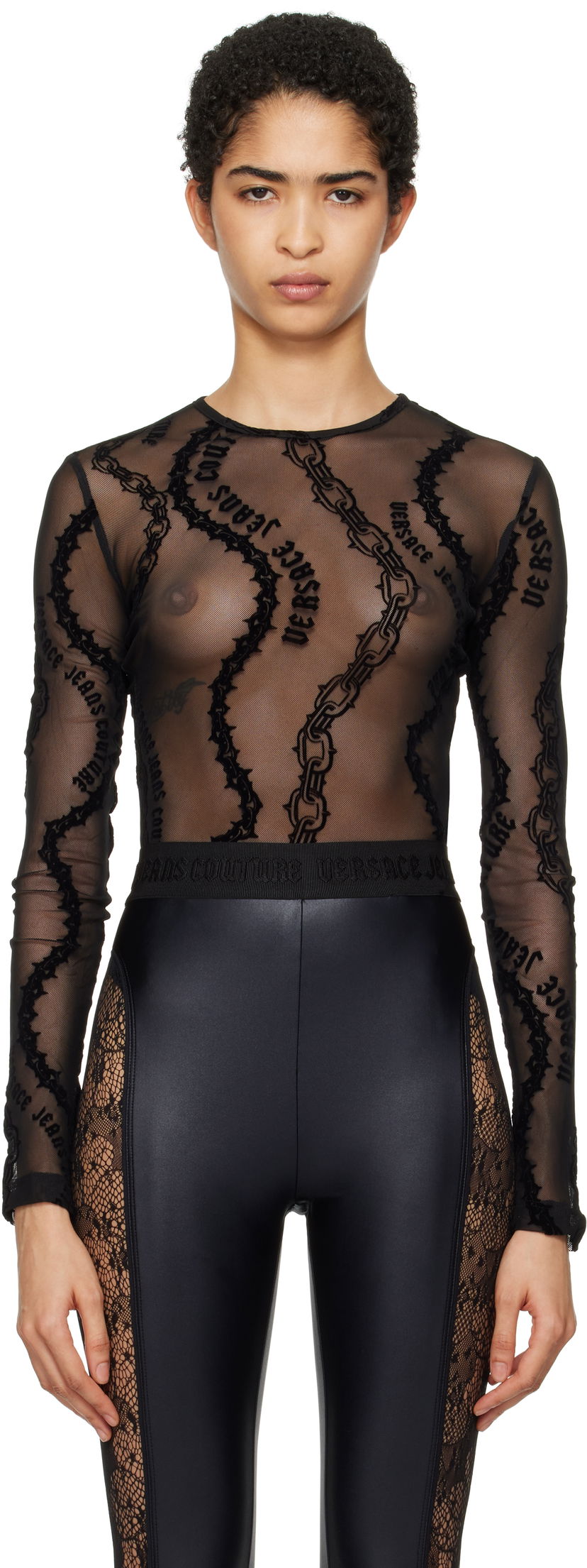 Majica Versace Chain Couture Mesh Bodysuit Črna | E77HAM2A1_EJS392