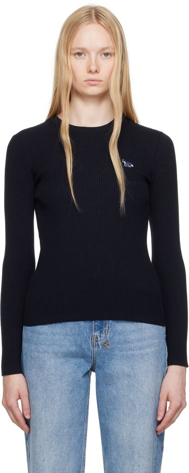 Pleteni pulover MAISON KITSUNÉ Maison Kitsuné Baby Fox Patch Fine Ribbed Sweater Črna | OW00801KT1091, 0