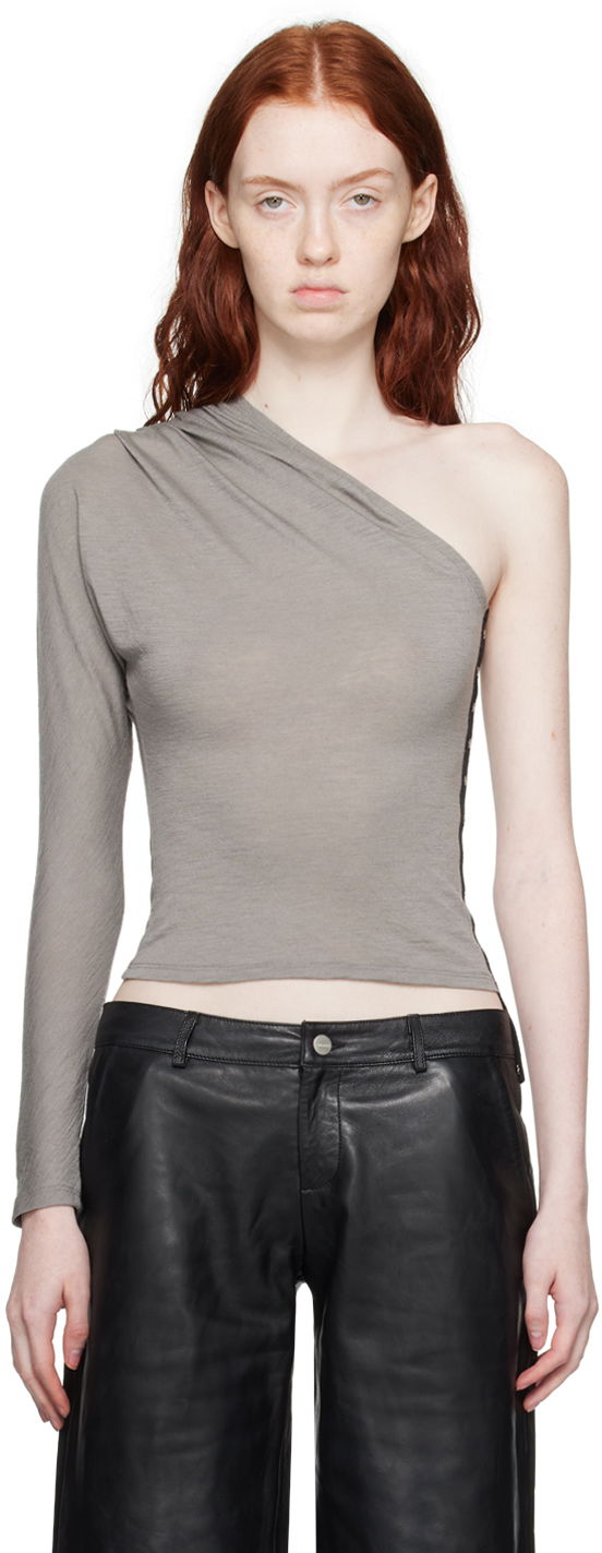 Majica brez rokavov Miaou Miaou Katia One-Shoulder Long Sleeve T-Shirt Siva | 7095WOSSTN