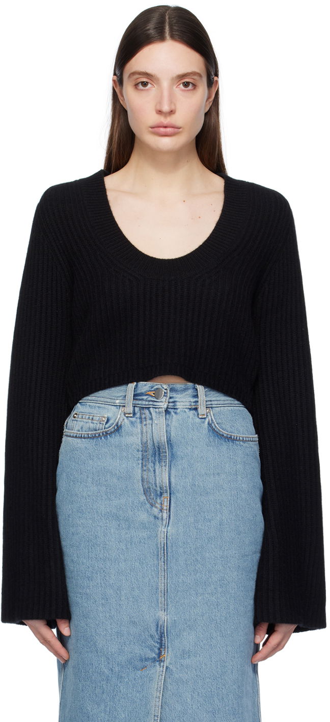 Pleteni pulover Loulou de Saison Loulou de Saison Chante Cropped Ribbed Sweater Črna | CHANTE