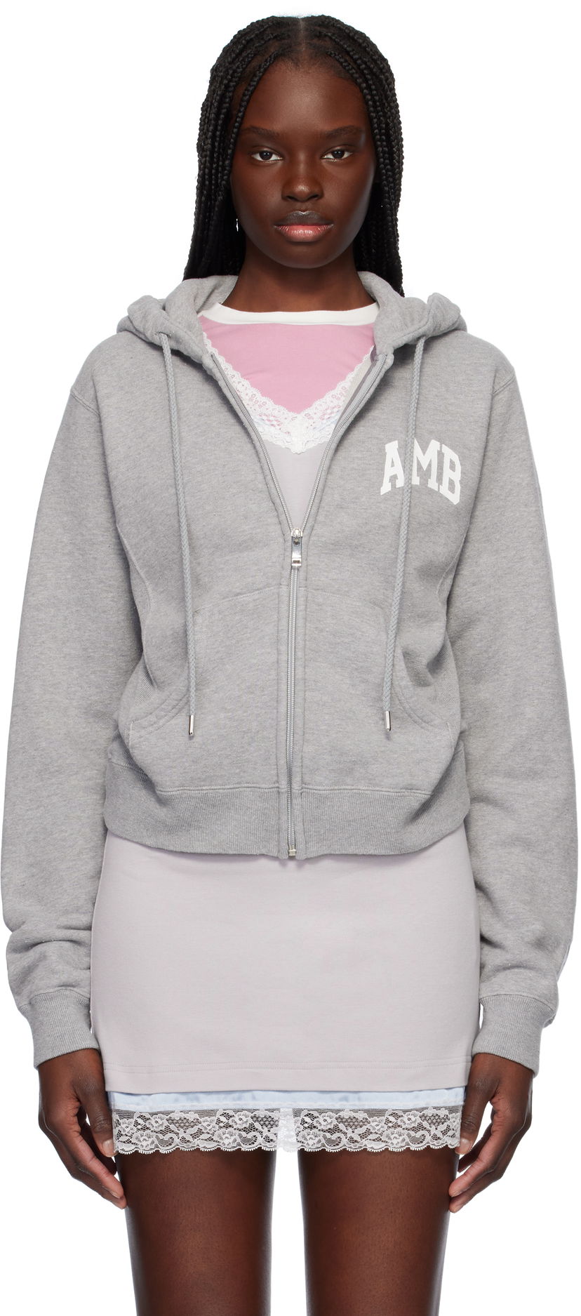 Pulover Ambush AMBUSH 'AMB' Graphic Zip-Up Cropped Hoodie Siva | 12115407