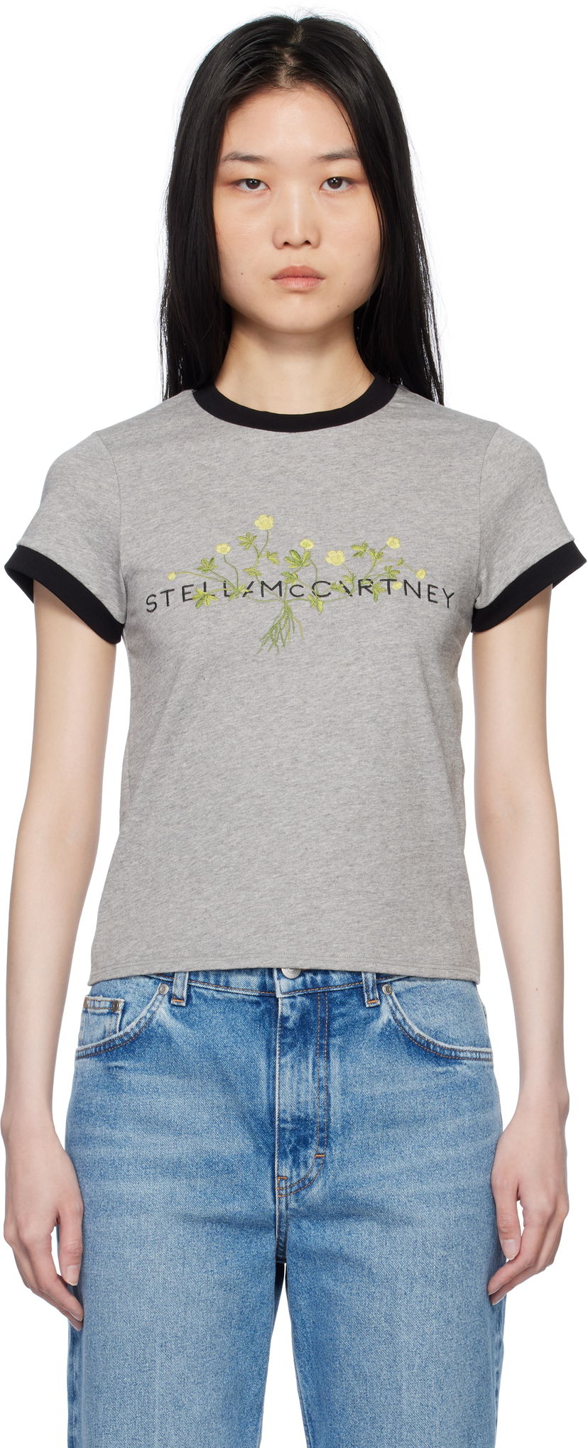 Majica Stella McCartney Stella McCartney Floral Embroidered T-Shirt Siva | 6J03723SPZ75