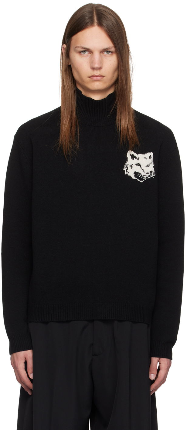 Pleteni pulover MAISON KITSUNÉ Fox Head Intarsia Turtleneck Sweater Črna | NM00807KM0329