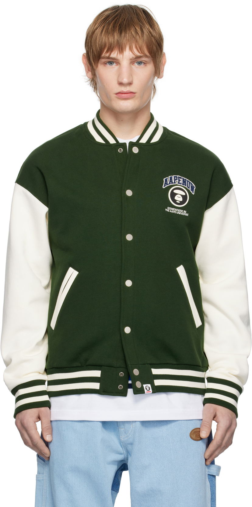 Bomber jakna AAPE by A Bathing Ape AAPE by A Bathing Ape 'AAPE NOW' Moonface Logo Baseball Jacket Zelena | AAPSWMB328XXNGRD