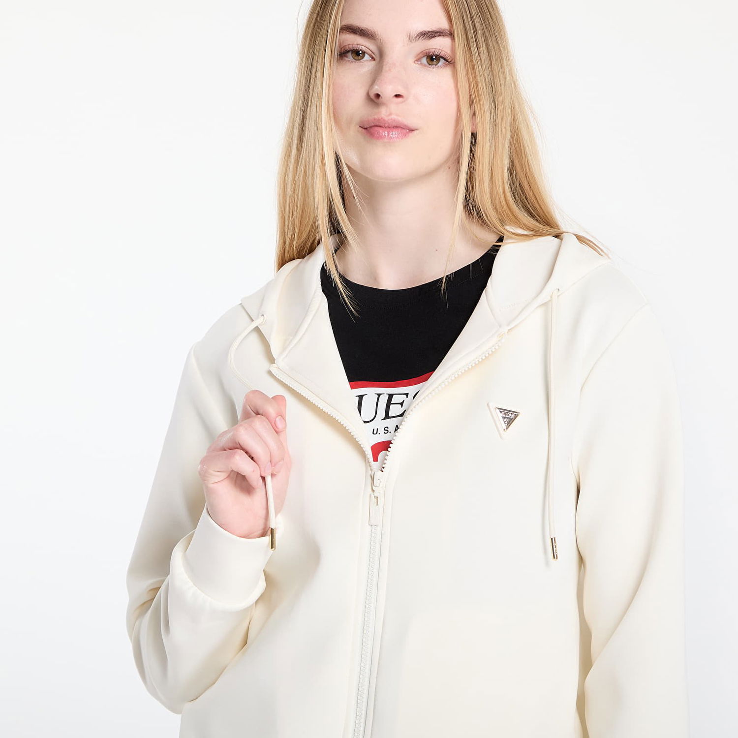 Pulover GUESS GUESS Olympe Full Zip Hoodie Bela | V4YQ06KCAY2-G6K5, 1
