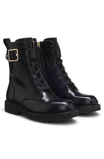 Superge in čevlji BOSS Lace-up Leather Boots with Buckle Detail and Chunky Sole Črna | 50552772