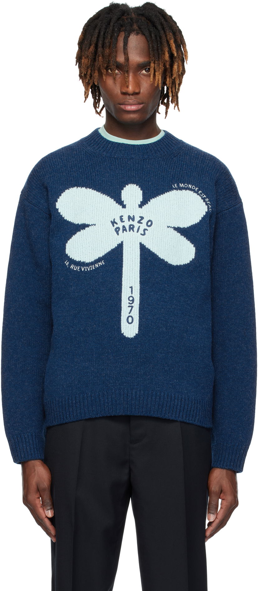 Pleteni pulover KENZO Kenzo Paris 'KENZO Dragonfly' Embroidered Wool Sweater Modra | FF55PU7163CA