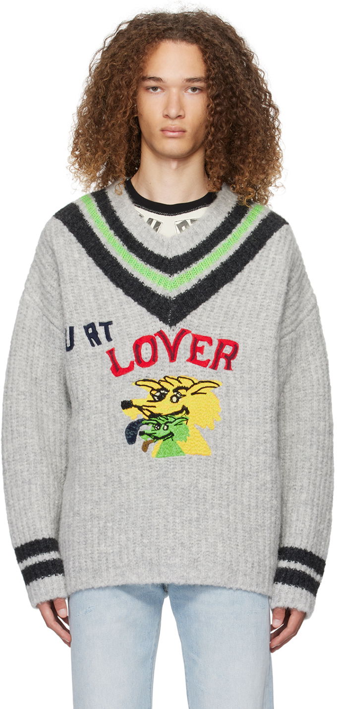 Pleteni pulover ERL 'Hurt Lover' Graphic V-Neck Sweater Siva | ERL07N004
