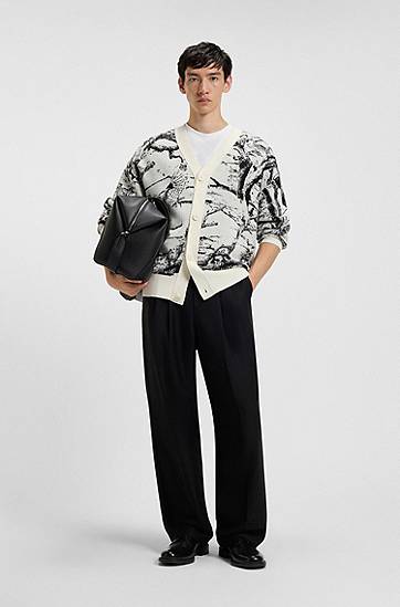 Pleteni pulover BOSS Oversized-fit Cardigan with Birch Tree and Owl Jacquard Pattern Večbarvna | 50546872, 1